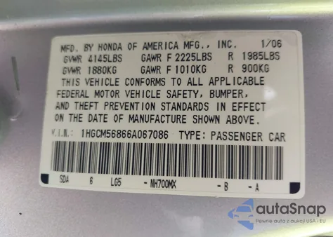 2006 Honda Accord 2.4 Ex from USA, damaged, VIN 1HGCM56866A067086
